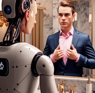 a man in a suit jacket is looking at a robot