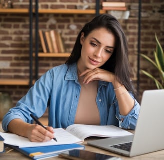 a woman sitting at a desk with a notebook and pen