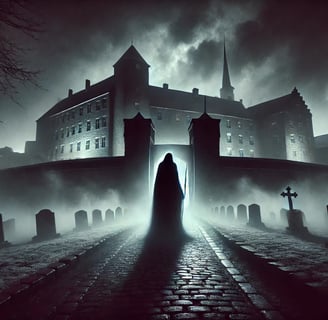 a man in a black robe standing in front of a castle