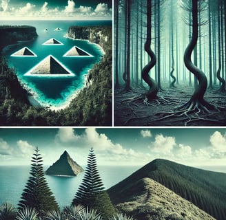 a series of photos of a forest with trees and mountains
