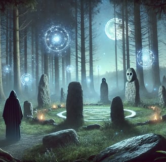 a mystical forest clearing with an ancient stone circle, glowing lights, and a shadowy hooded figure