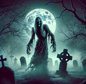 a creepy looking zombie looking zombie looking ghost in a graveyard