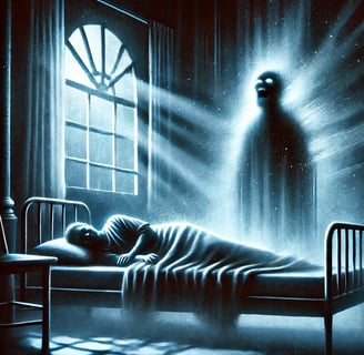 a man in a bed with a ghost in the background