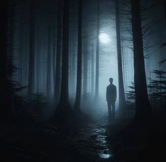 a ghost standing in a forest with a full moon in the background