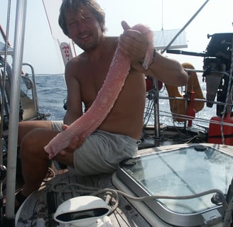 Yanne with Kingfish filet on S/Y Albatross