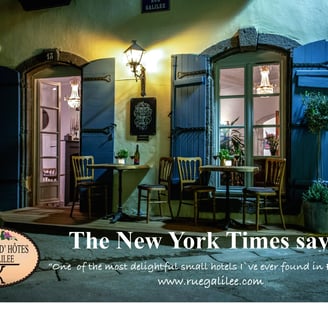 Rue Galilee B&B exterior with New York Times quotation from journalist Alexander Lobrano