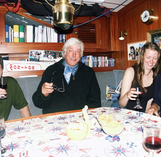 Tom Cunliffe on board S/Y Albatross sharing drinks with friends