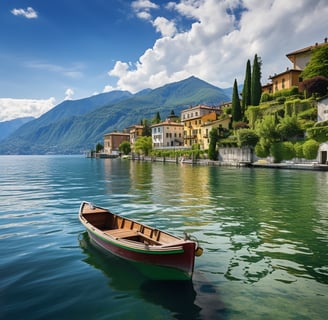 a boat on the water with a mountain in the background