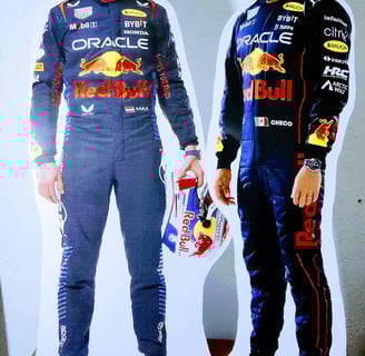 Vinil en coroplast, temática Fórmula 1, Checo Pérez y Max Verstappen, tamaño real.