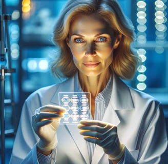 a woman in a lab coat holding a piece of glass