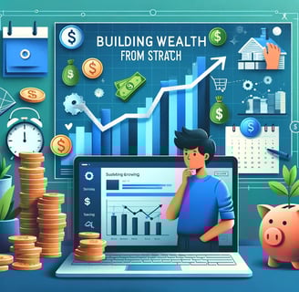 young person looking at a growth chart with stacks of coins and investment icons representing stocks