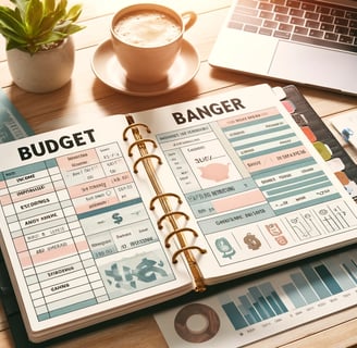 Organized budget planner with categorized sections for income, expenses, and financial goals on a de