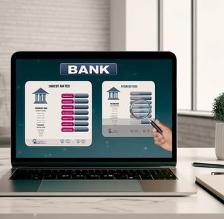 Person researching best banks for their needs on a laptop, comparing interest rates, fees, and servi