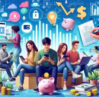 Diverse Gen Z individuals using financial apps, surrounded by icons of money, savings, investments,