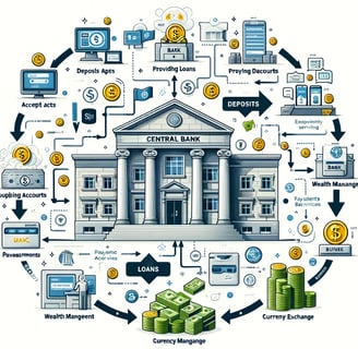 Detailed illustration of how banks work, showing deposits, loans, wealth management, currency exchan