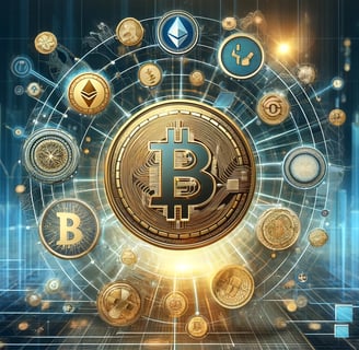 Golden Bitcoin symbol with various cryptocurrency icons on a futuristic digital network background, 