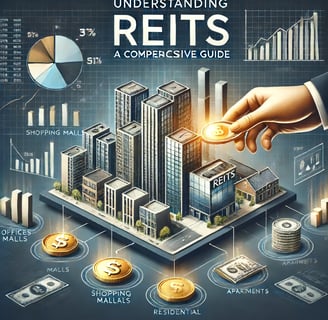 Illustration of REITs by WealthRiz: Diverse properties, investor dividends, and growth charts highli