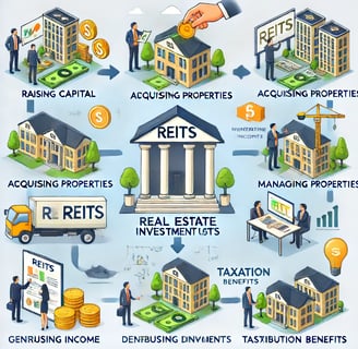 "Detailed illustration of the REIT process: raising capital, acquiring and managing properties, gene