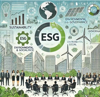 Illustration of sustainability and ESG in finance, featuring financial charts, renewable energy symb