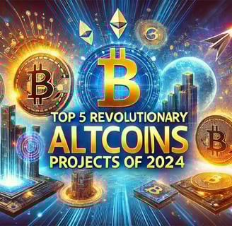 Eye-catching image for a blog post titled 'Top 5 Revolutionary Altcoins of 2024,' featuring vibrant 