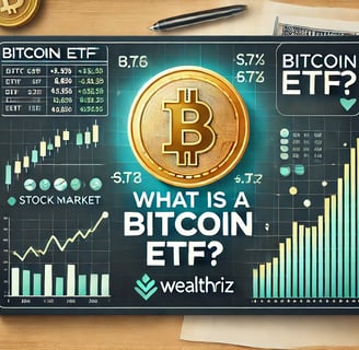 Illustration of Bitcoin ETF with Bitcoin symbol, stock market chart, and 'What is a Bitcoin ETF?'