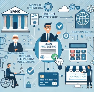 Illustration of a fintech partnership showcasing technology integration, automated loan processing,