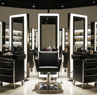 estaciones de peluquería de lujo, sillas ergonómicas, espejos con iluminación LED, mobiliario de peluquería, organizadores de