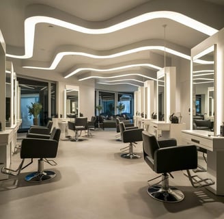 salón de belleza contemporáneo, mobiliario de peluquería de lujo, estaciones de trabajo ergonómicas, sillas de peluquería ele