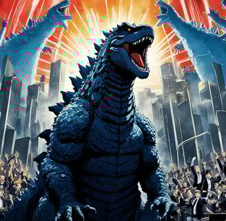 Godzilla standing on a stage surrounded by a grand orchestra ensemble