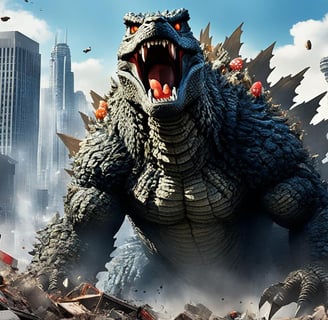 Godzilla standing tall amidst a destroyed cityscape, paying homage to the original 1954 film.