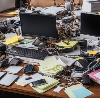 A chaotic desk covered in electronic devices and wires