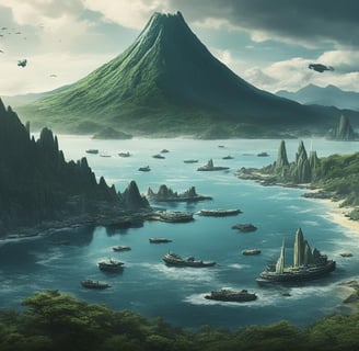 Odo Island, a mountain landscape with a mountain range and a boat