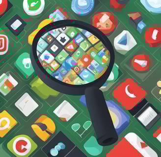 A magnifying glass zooms in on a group of app icons