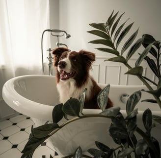 a dog sitting in a bathtub with greenery around