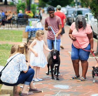 a group of people standing around a dog on a sidewalk