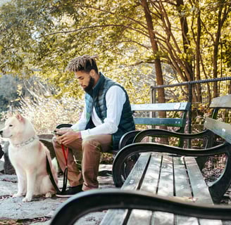 man sitting on park bench looking at phone holding the leash to a dog sitting beside him