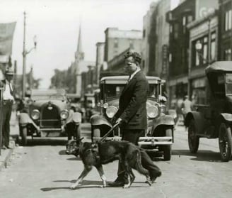 a man in a suit and tie is walking with a service dog