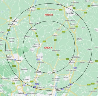 Map showing 20km radius from Buntingford