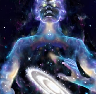 a man sitting in a meditation position with a galaxy - like body