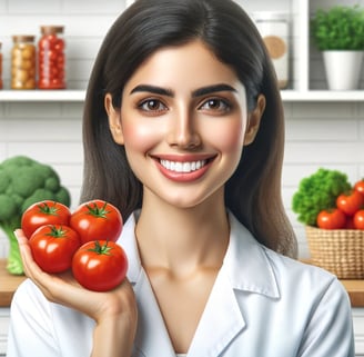 Lejra a woman in a lab coat holding tomatoes