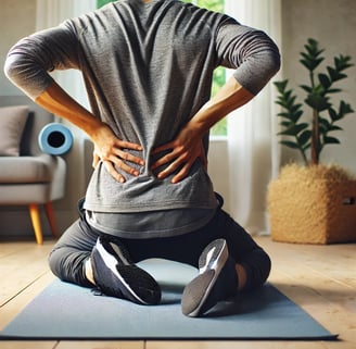 a man with a back pain sitting on a yoga mat
