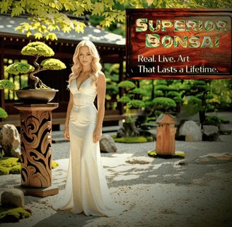Daughter Bella helping model for Superior Bonsai Store's brand image.  Image of logo and tagline.
