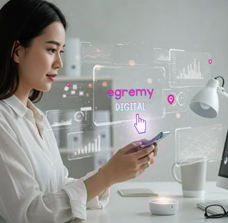 Profesional joven usa smartphone con paneles holográficos de analítica y logo Egremy Digital, simboliza estrategia de marketi