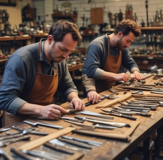 A man is seated while sharpening a tool on a large, spinning grindstone in a workshop. Sparks are flying from the tool being sharpened. The space is filled with various knives and tools displayed on the walls, along with other equipment and workshop items.