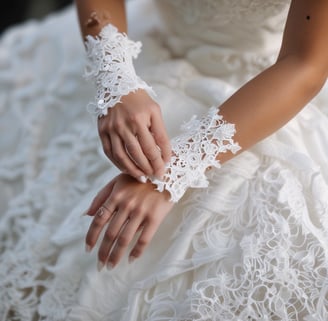 Close-up of a person wearing an intricately embroidered, lace-covered garment. The lace is detailed with floral patterns and covers the shoulder and upper arm area, featuring a delicate, feminine design.