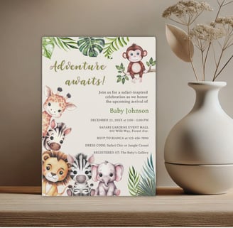 a baby shower party invitation card with jungle safari baby animals.
