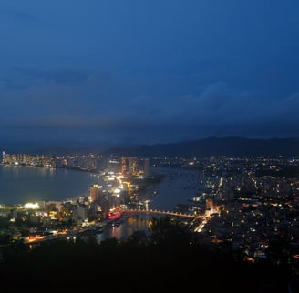 Night view of the illuminated bay