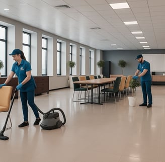 NexaPro professionals vacuuming and sanitizing large commercial space after cleaning