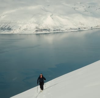 a person on skis on a snowy mountain with a fjord view in the Lyngen Alps in Norway