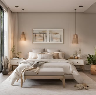 Dormitorio cálido, luminoso, tonos claros